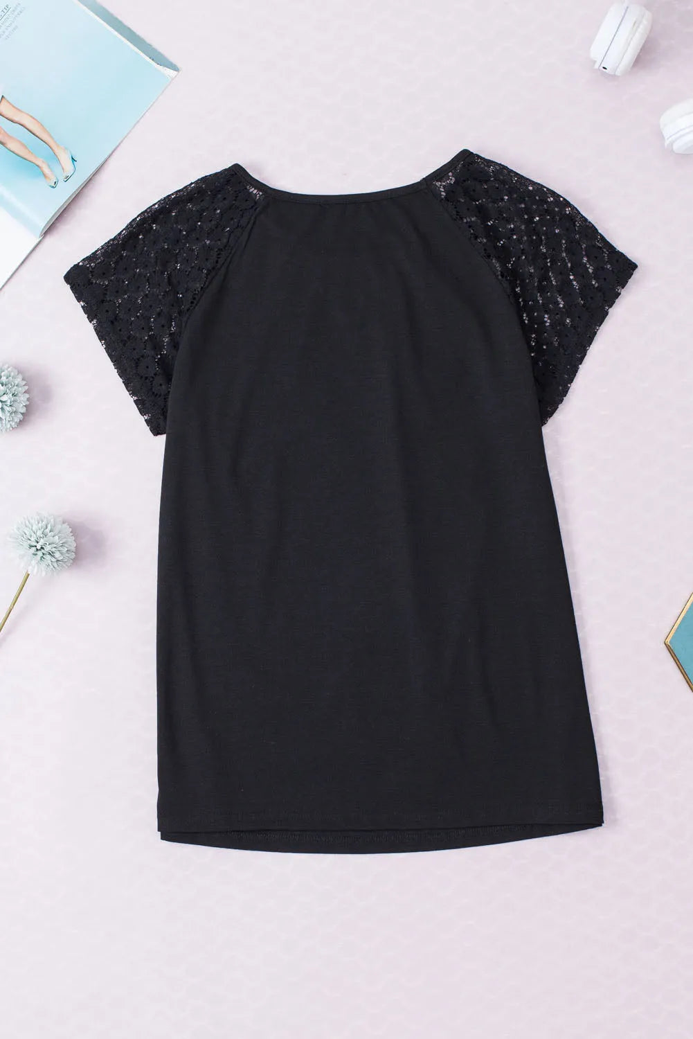 Black Contrast Lace Sleeve Keyhole Decor Top - Chic Meadow Boutique 