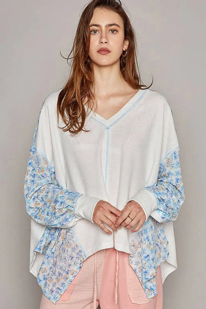 White Abstract Floral Patchwork Batwing Sleeve V Neck Blouse - Chic Meadow Boutique 