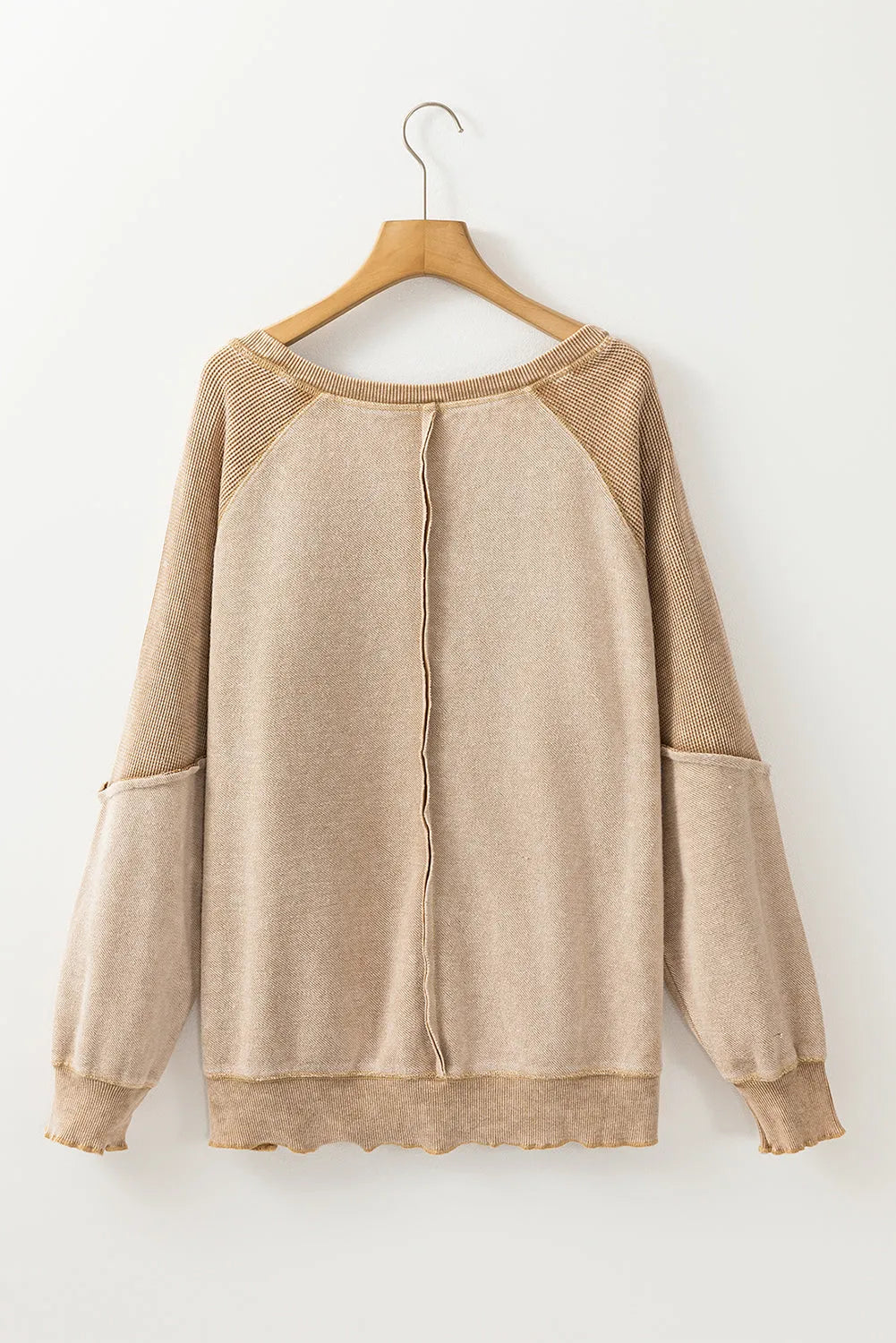 Light French Beige Waffle Knit Patchwork Exposed Seam Raglan Sweatshirt - Chic Meadow Boutique 