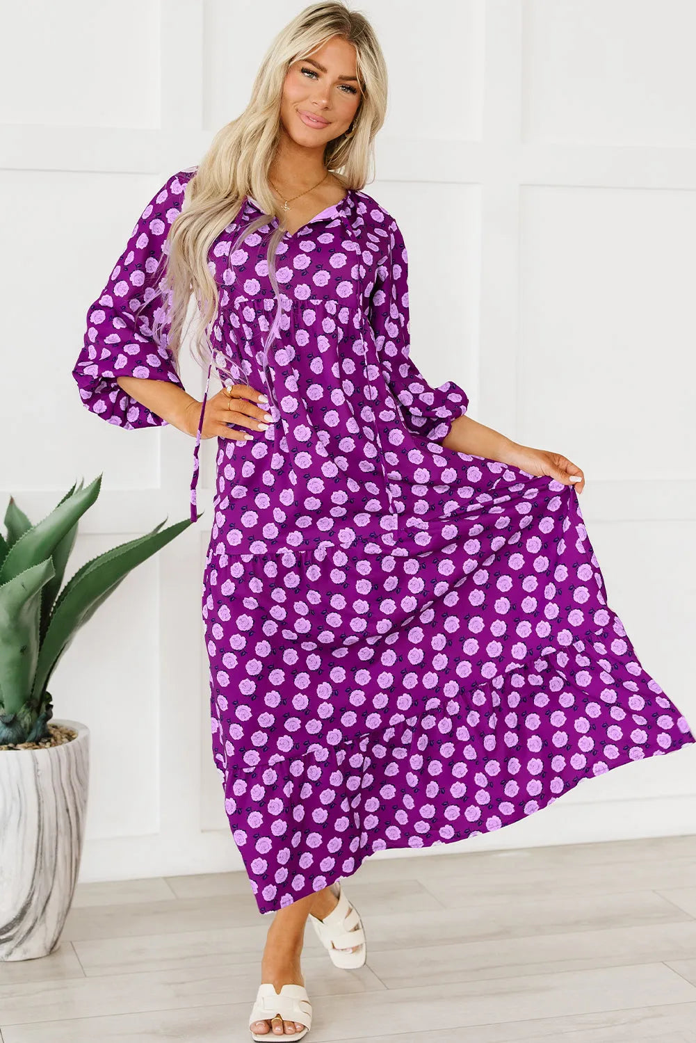 Purple Boho Printed Puff Sleeve Maxi Dress - Chic Meadow Boutique 