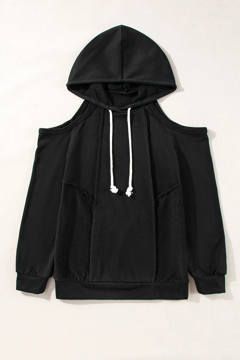 Black Exposed Seam Cold Shoulder Drawstring Hoodie - Chic Meadow Boutique 