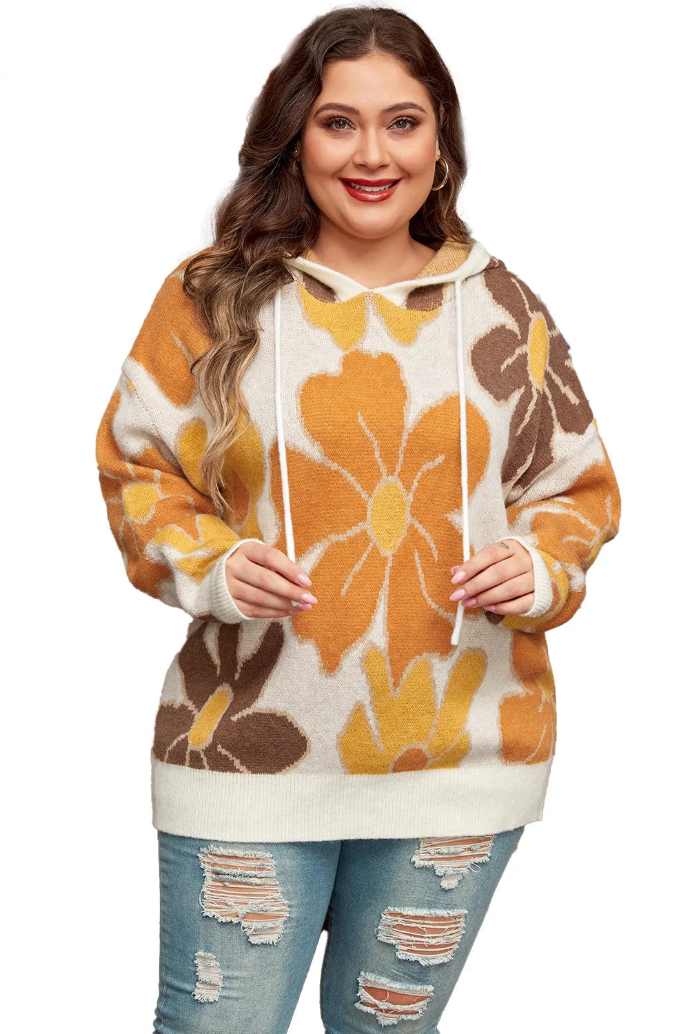 White Large Flower Knitted Drawstring Hooded Plus Size Sweater - Chic Meadow Boutique 