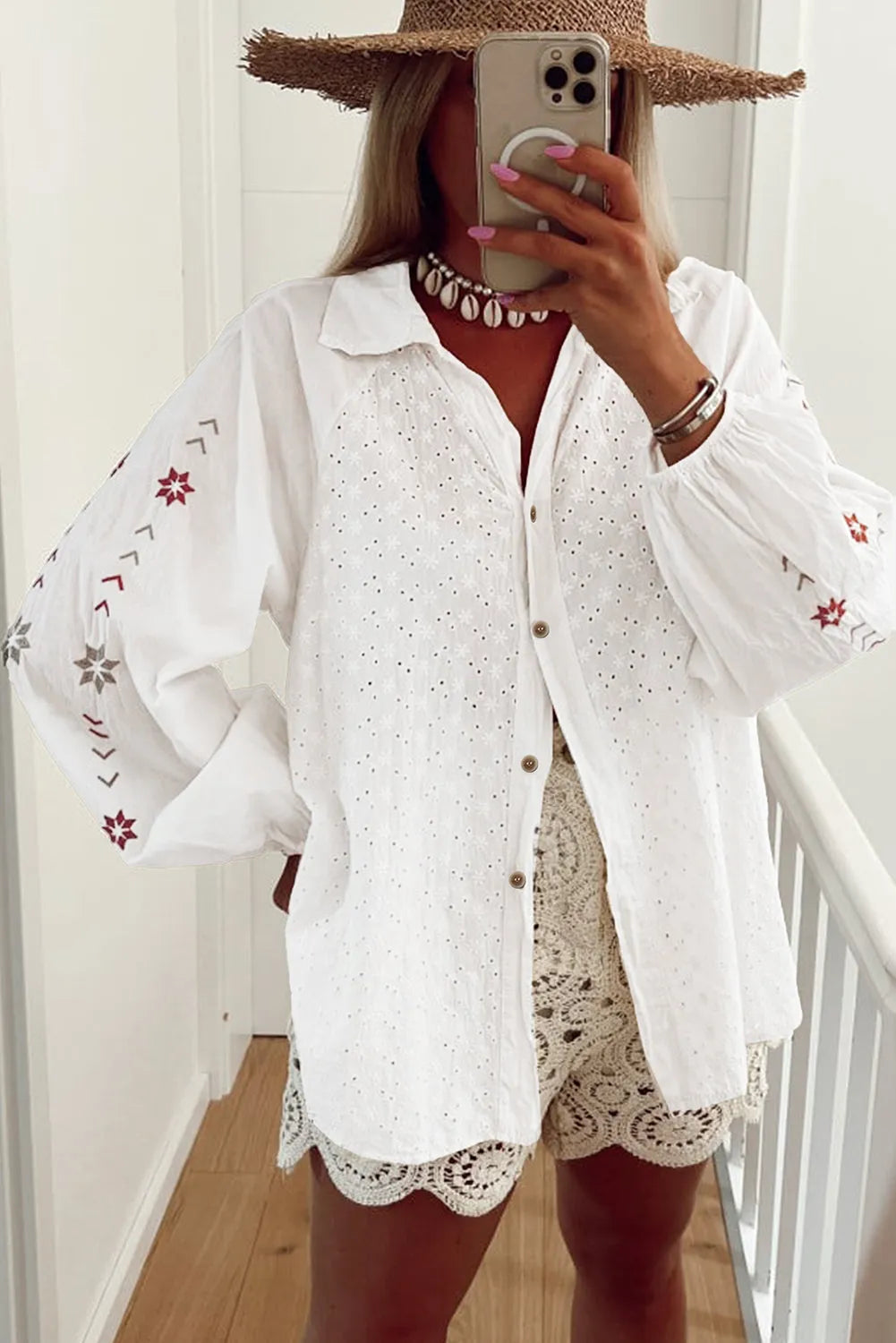 White Floral Embroidered Puff Sleeve Eyelet Patchwork Shirt - Chic Meadow Boutique 