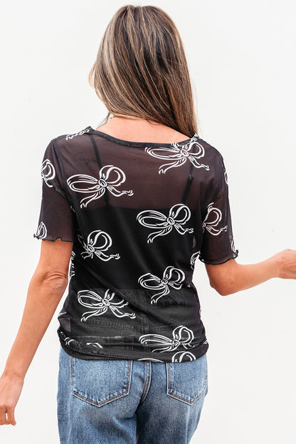 Black Bow Printed Mesh Short Sleeve Top