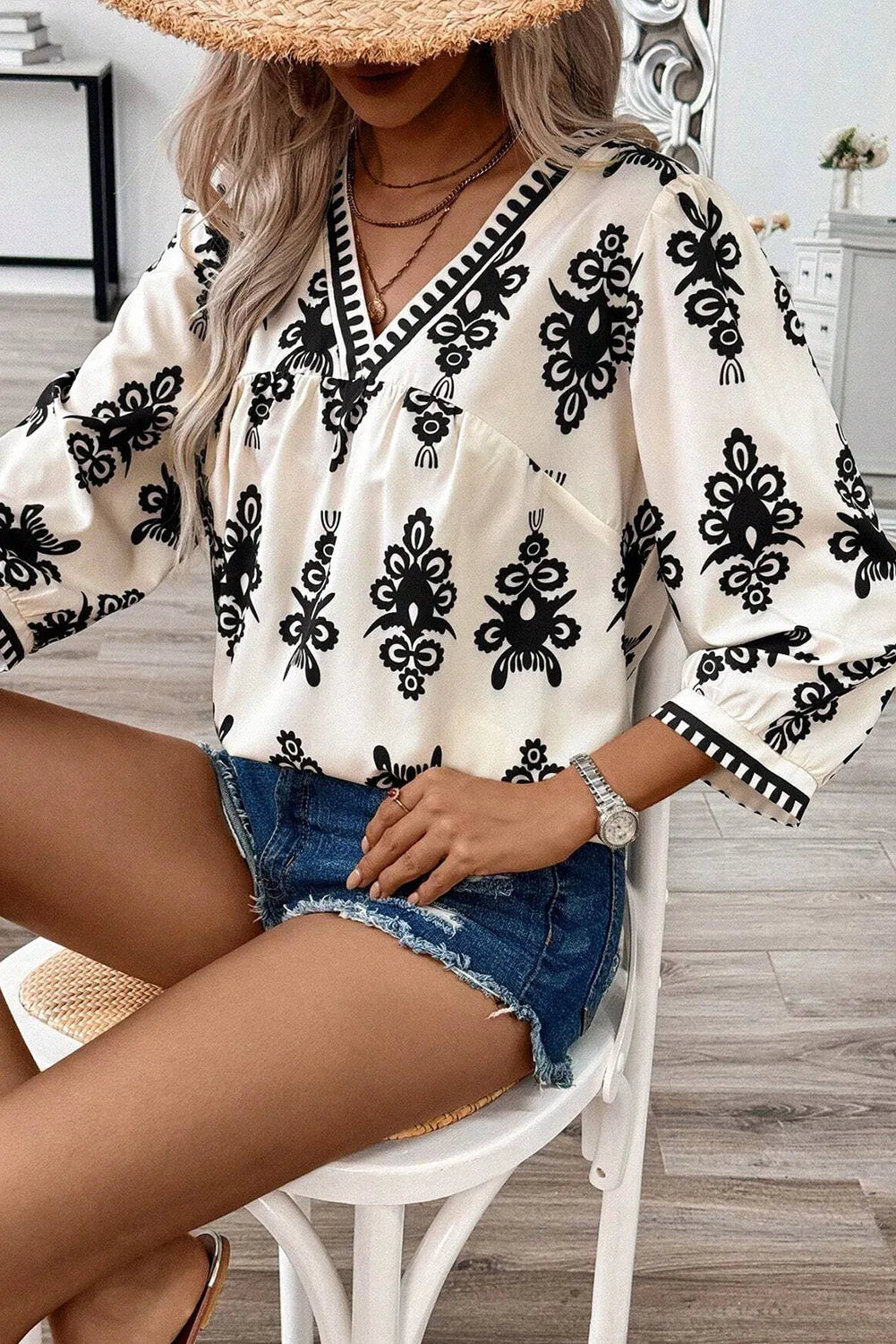 Beige Vintage Geometric Printed 3/4 Sleeve V Neck Blouse - Chic Meadow Boutique 