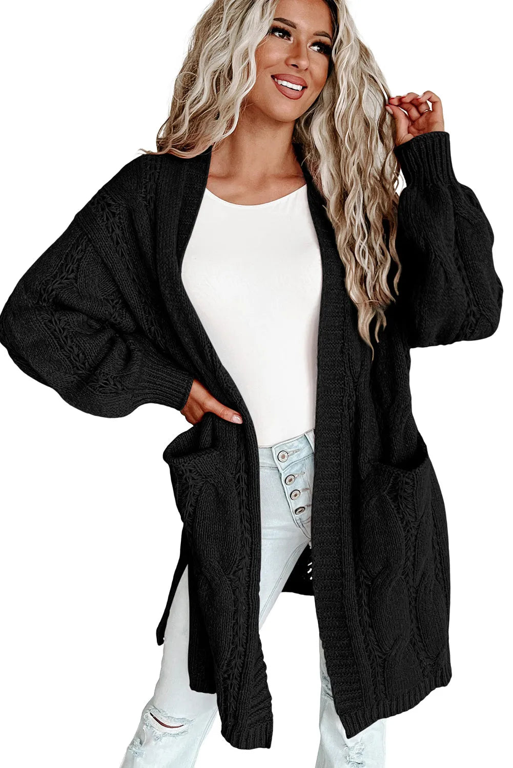 Black Ribbed Trim Eyelet Cable Knit Cardigan - Chic Meadow Boutique 