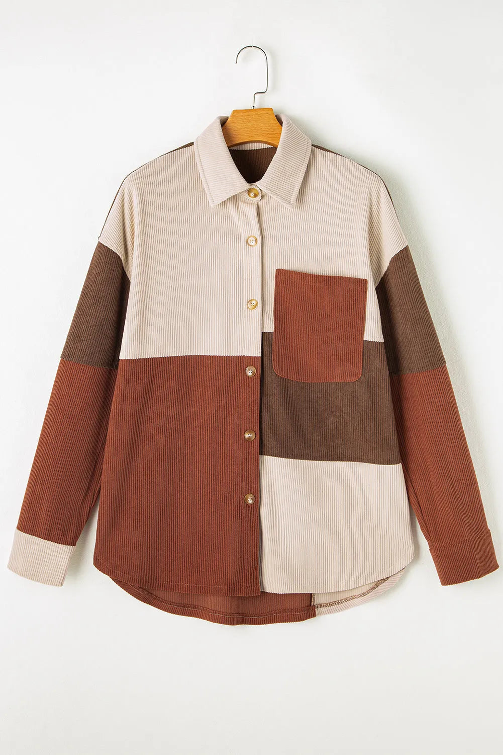 Cinnamon Colorblock Curved Hem Corduroy Shacket with Pocket - Chic Meadow Boutique 