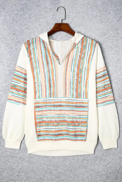 Multicolor Striped Patchwork V Neck Drop Shoulder Knit Hoodie - Chic Meadow Boutique 