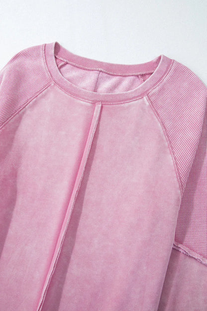 Pink Solid Waffle Knit Patchwork Raglan Sleeve Sweatshirt - Chic Meadow Boutique 