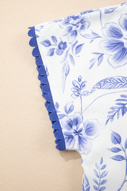 Blue Elegant Floral Print Ricrac Trim Short Sleeve Blouse