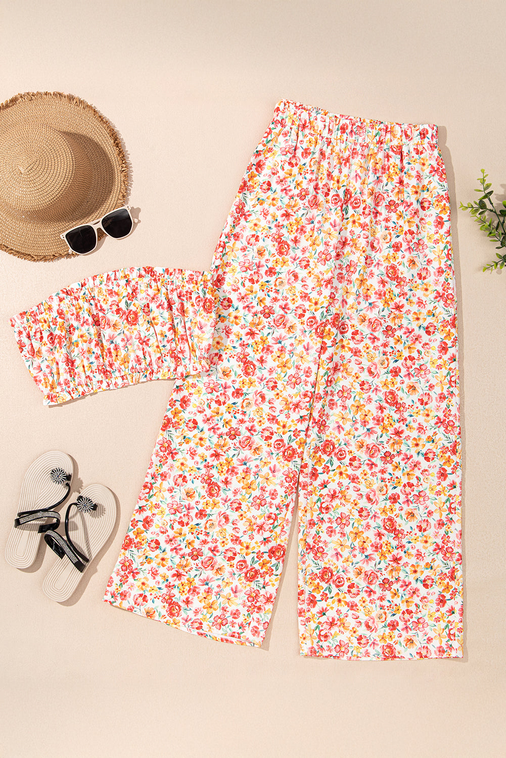 Pink Boho Floral Bandeau Top and High Waist Wide Leg Pants Set