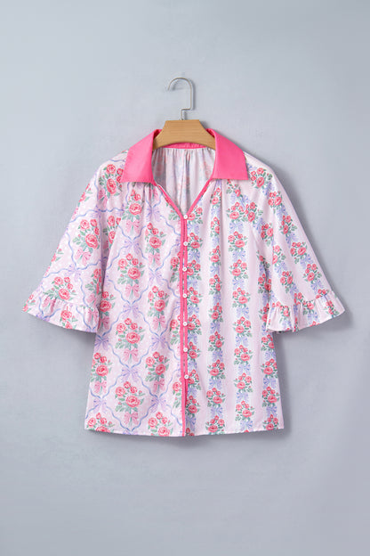 Purple Floral Collared Ruffled Half Sleeve Shirt