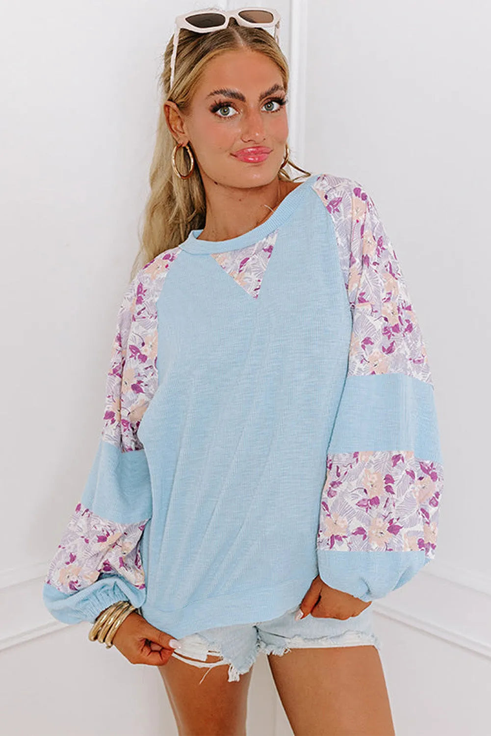 Beau Blue Textured Floral Patchwork Balloon Sleeve Blouse - Chic Meadow Boutique 