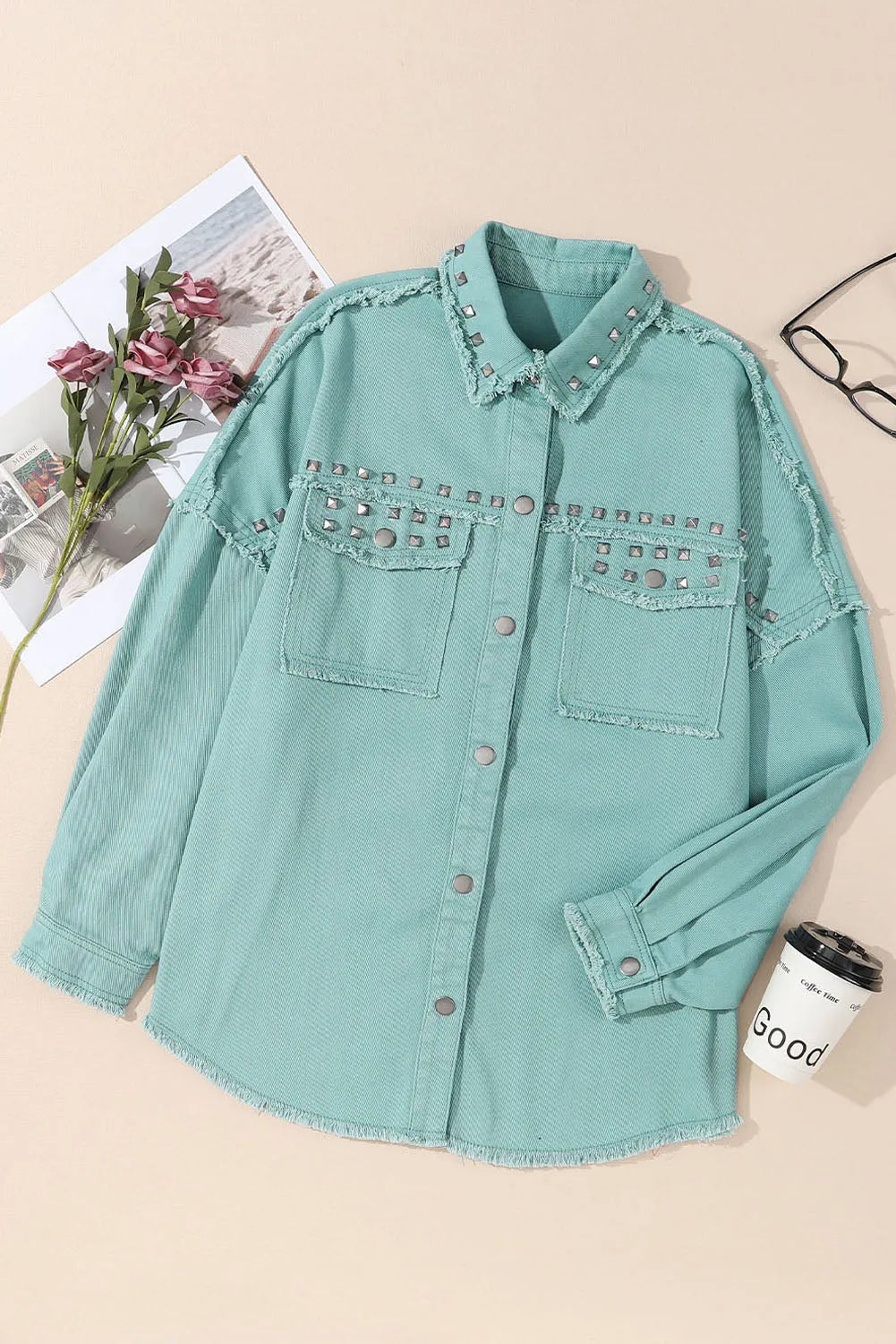 Outerwear/Denim jackets Mist Green Frayed Trim Riveted Denim Jacket