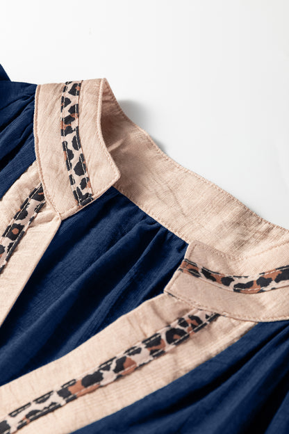 Dirty blue Leopard Trim V Neck Flounced Bracelet Sleeve Blouse