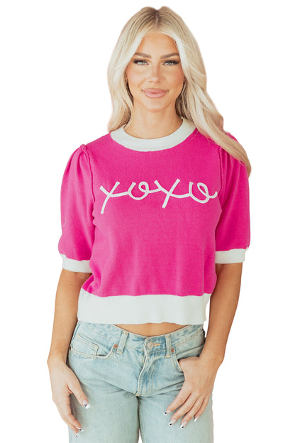 Bright Pink XOXO Embroidered Graphic Valentines Contrast Trim Crew Neck Short Puff Sleeve Sweater Tee