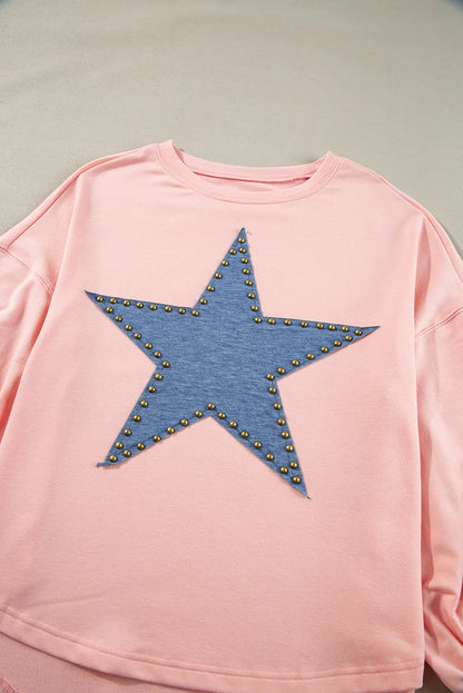 Gossamer Pink Studded Star Graphic Oversized Long Sleeve Top - Chic Meadow Boutique 