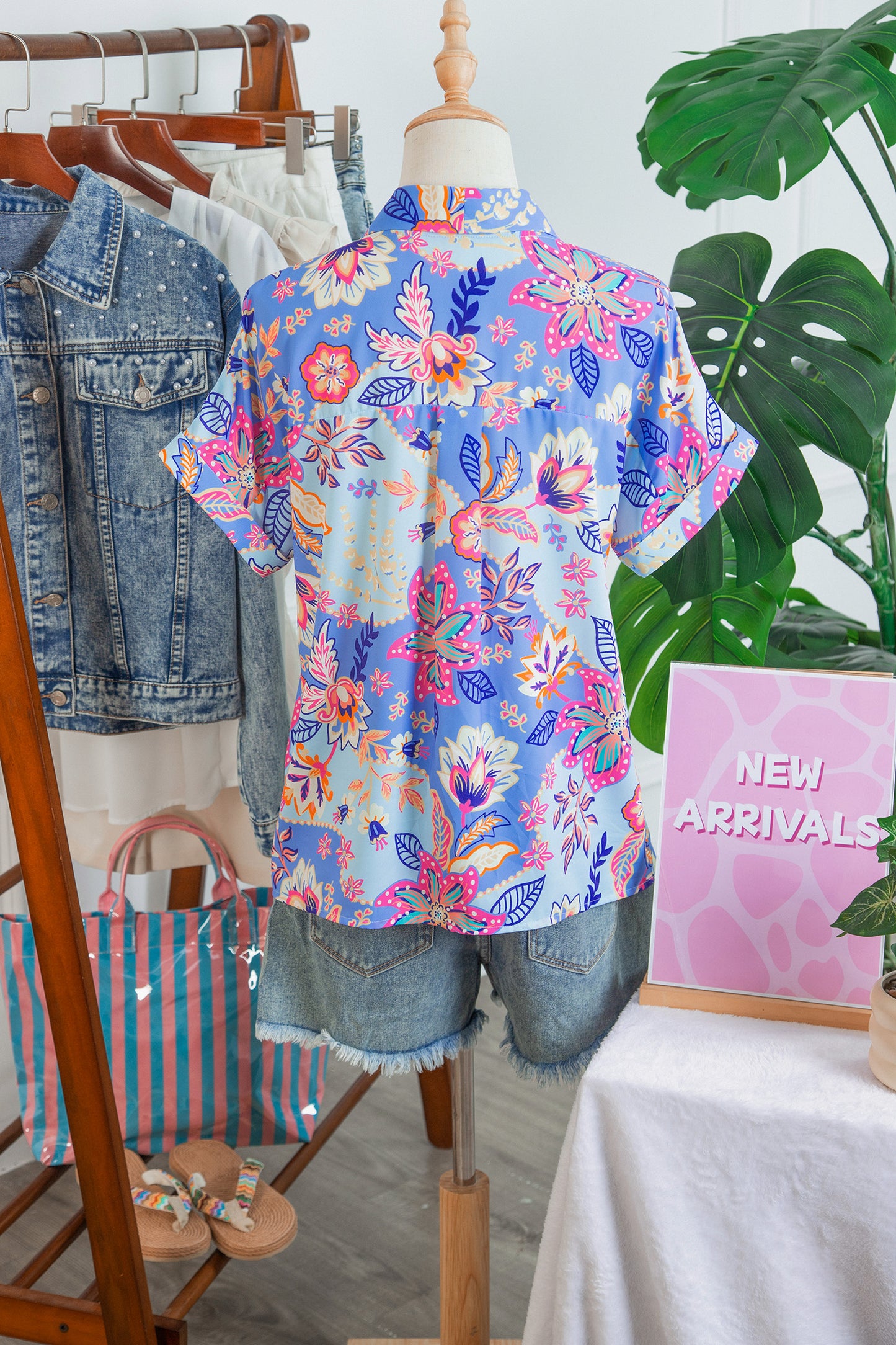 Purple Vacation Floral Print V Neck Short Sleeve Blouse