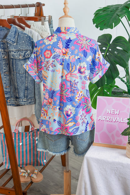 Purple Vacation Floral Print V Neck Short Sleeve Blouse