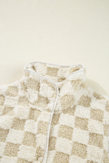 Khaki Sherpa Checkerboard Snap Button Vest Jacket With Pocket