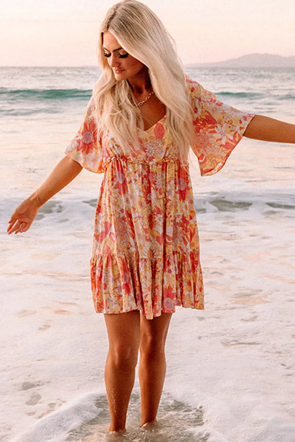 Orange Wide Flutter Sleeve Floral Dress - Chic Meadow Boutique 