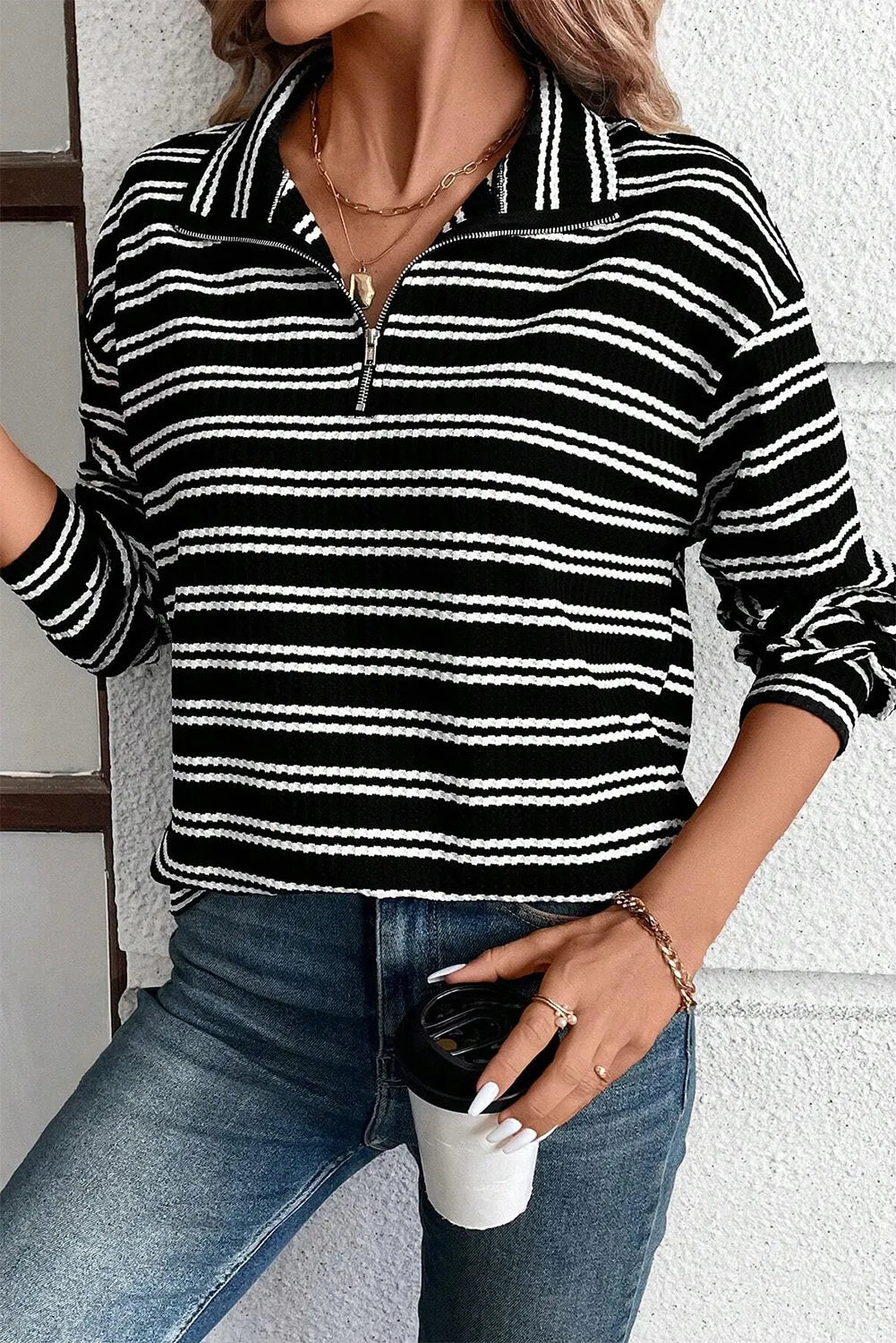 Black Stripe Textured Quarter Zip Collar Long Sleeve Top - Chic Meadow Boutique 