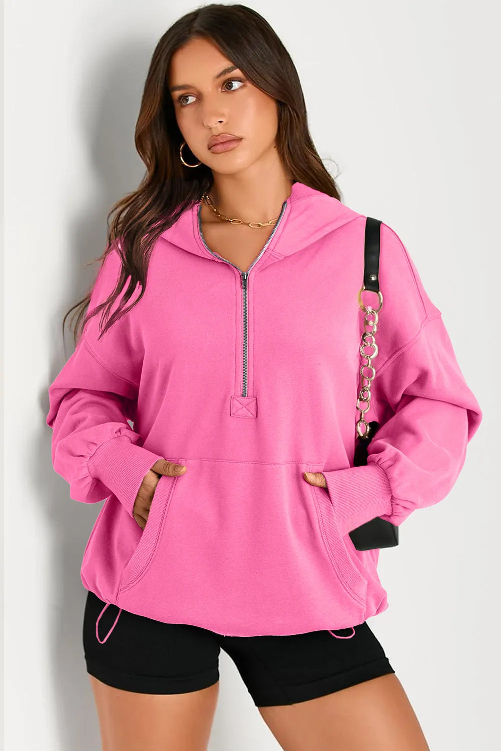 Bonbon Solid Kangaroo Pocket Half Zipper Oversized Hoodie - Chic Meadow Boutique 