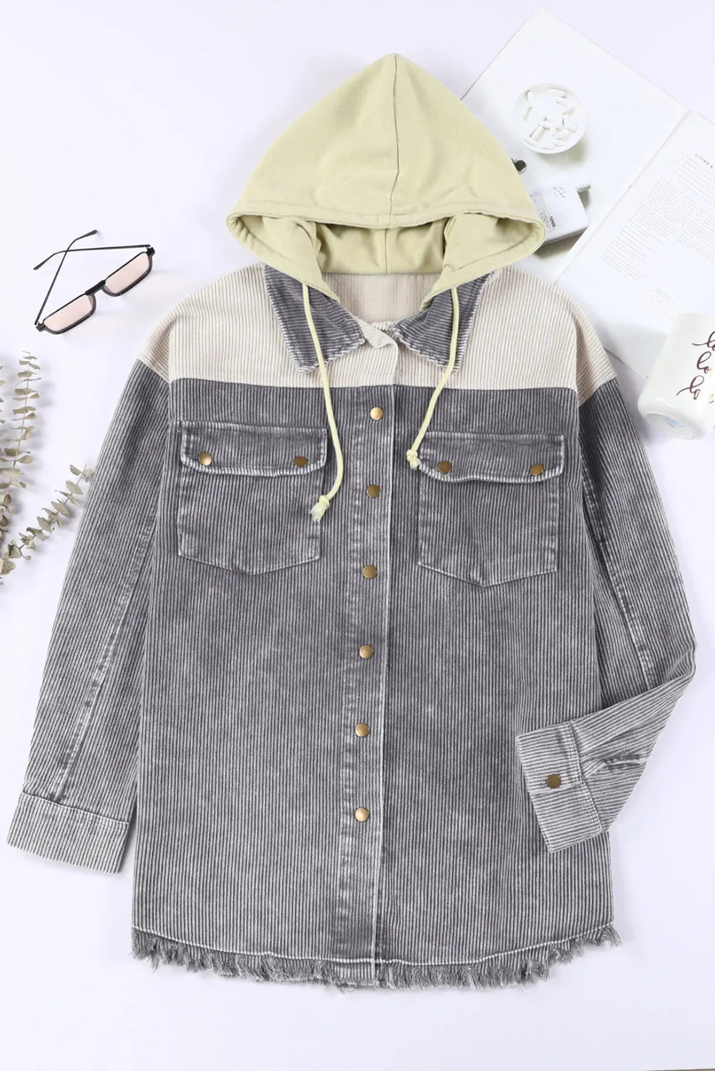 Gray Color Block Button Down Hooded Corduroy Jacket - Chic Meadow Boutique 