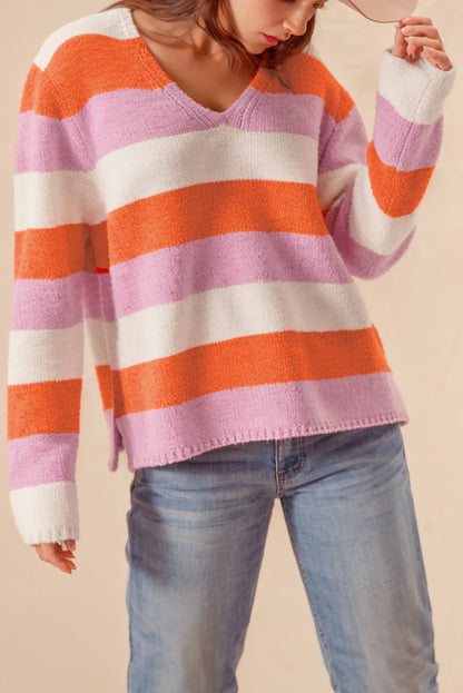 Orange Stripe Colorblock V Neck Casual Sweater - Chic Meadow Boutique 