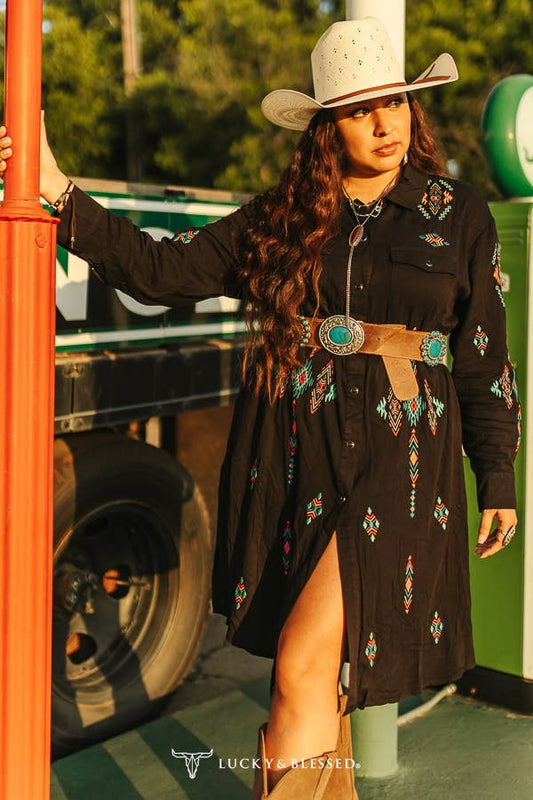 Black Button Down Embroidered Aztec Collared Dress