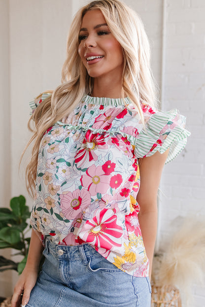 Pink Floral Print Contrast Ruffle Trim Short Sleeve Blouse