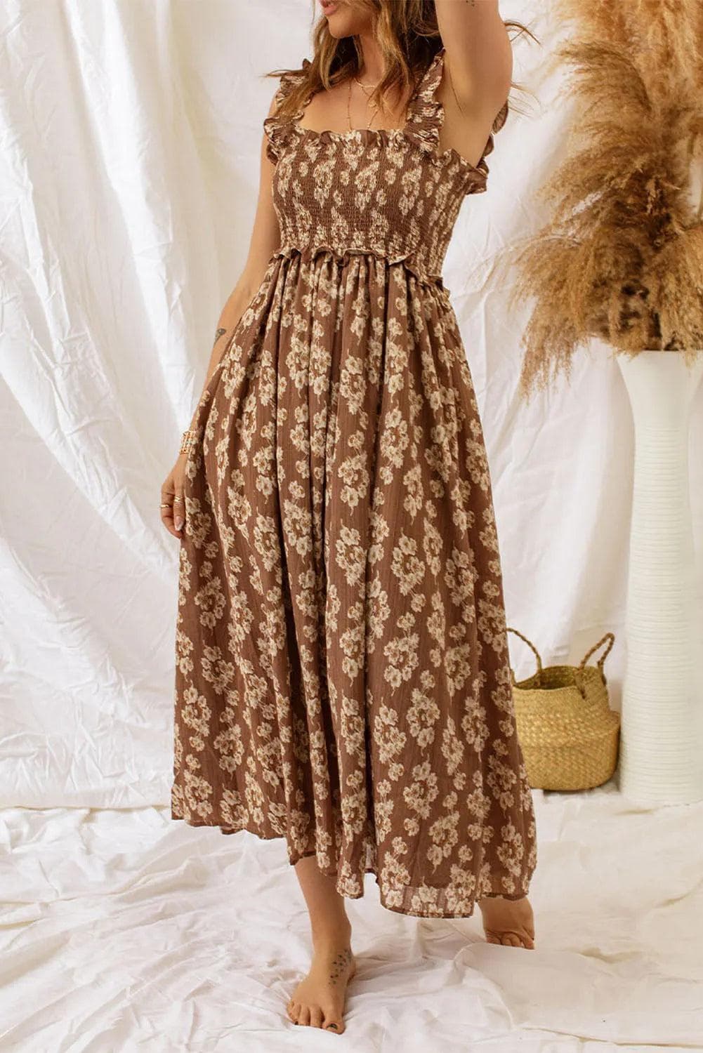 Dresses/Floral Dresses Brown Ruffled Straps Smocked Floral Maxi Dress