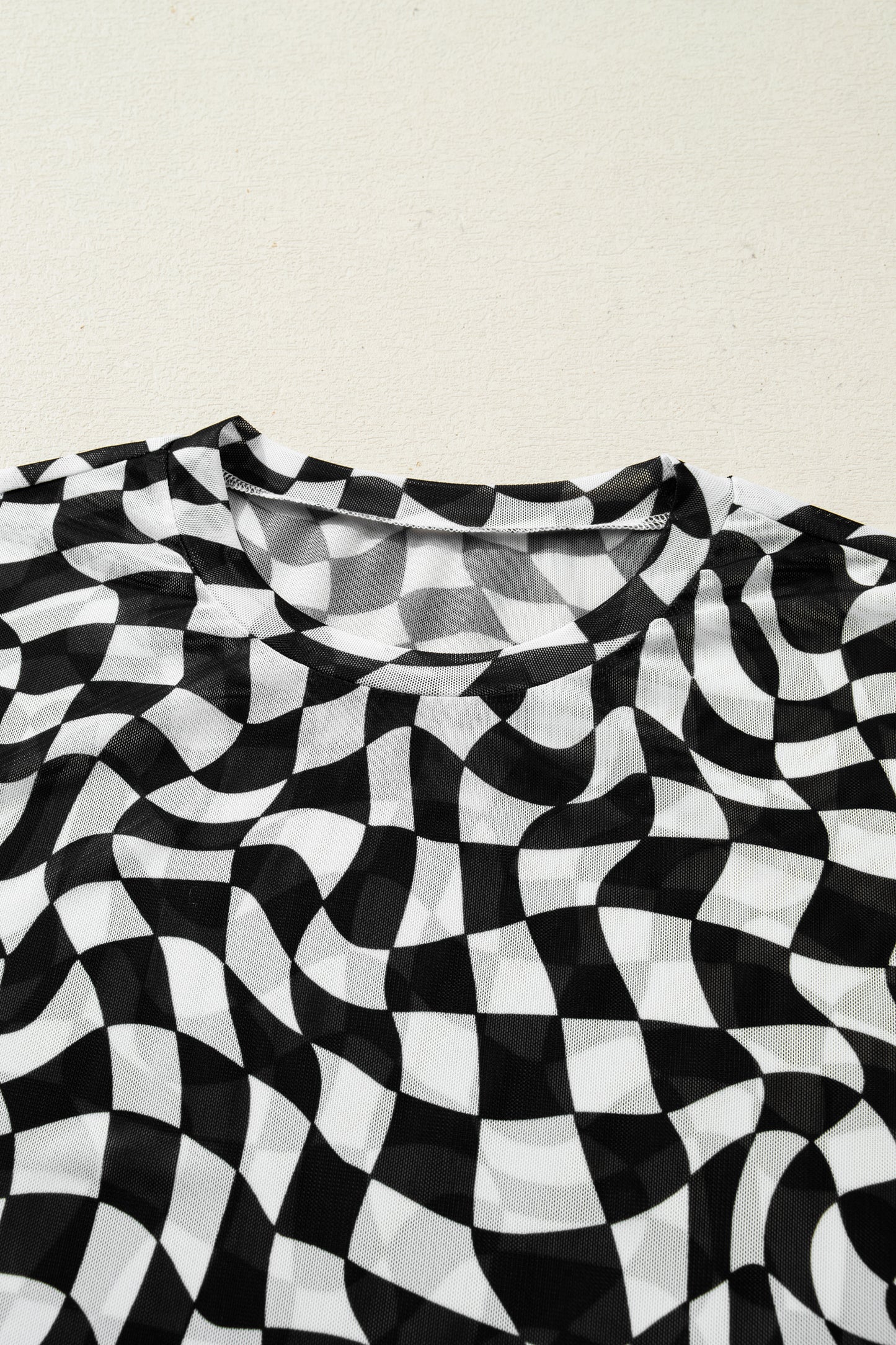 Black Checkered Print Mock Neck Mesh T Shirt