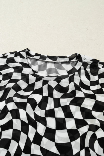 Black Checkered Print Mock Neck Mesh T Shirt