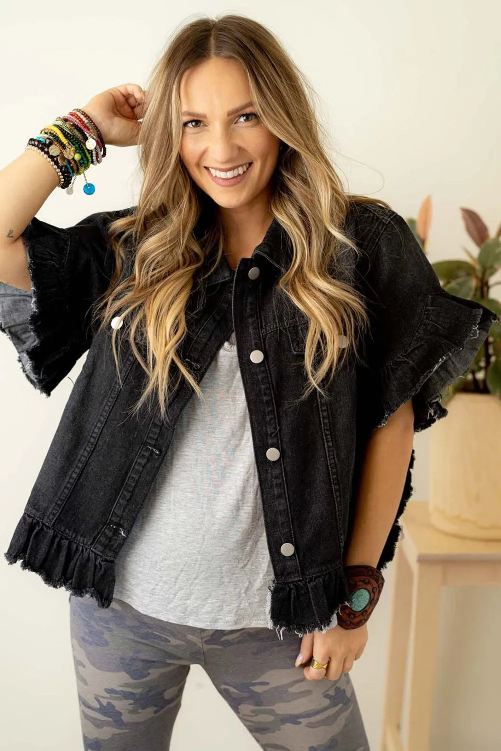 Black Raw Edge Ruffled Short Sleeve Denim Jacket - Chic Meadow Boutique 