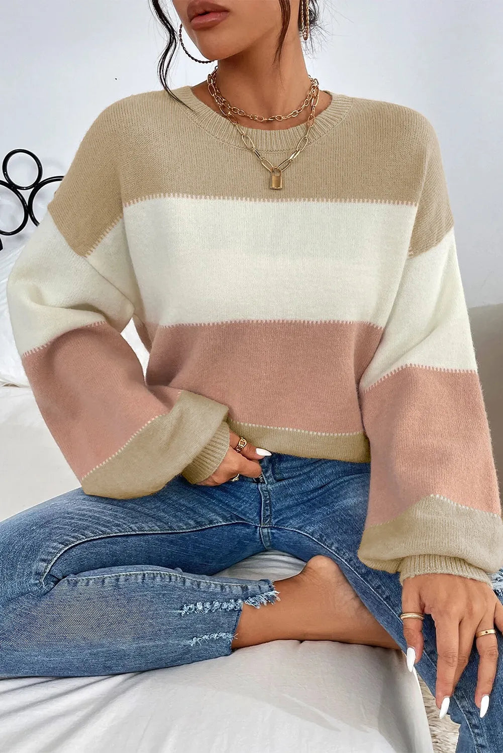 Dusty Pink Color Block Lantern Sleeve Drop Shoulder Sweater - Chic Meadow Boutique 