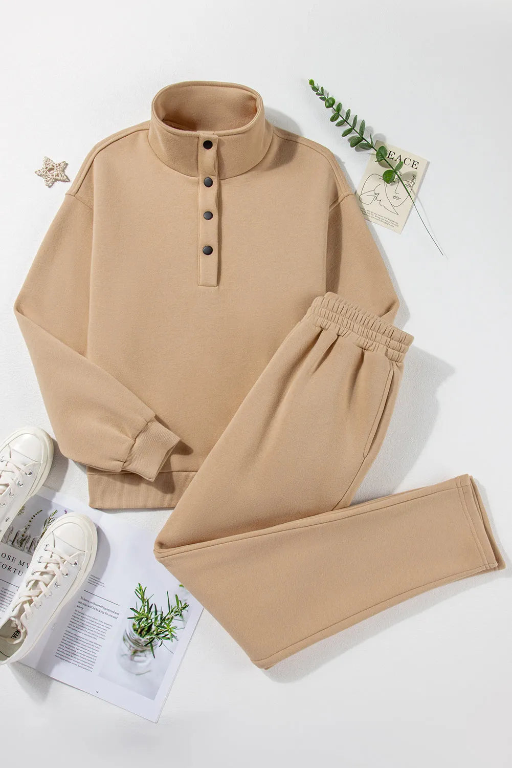 Parchment Solid Half Button Sweatshirt and High Waist Sweatpants Set - Chic Meadow Boutique 