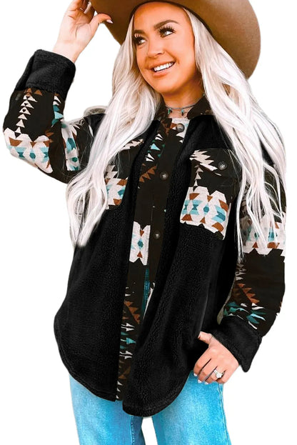 Black Western Aztec Print Accent Fleece Shacket - Chic Meadow Boutique 