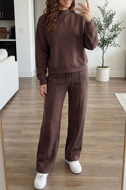 Coffee Solid Color Piping Trim Mock Neck Pullover Drawstring Pants Set