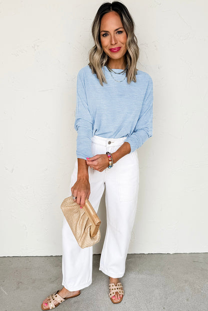 Beau Blue Solid Color Batwing Long Sleeve Top