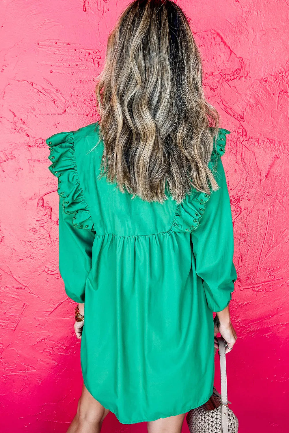 Bright Green Embroidered Ruffled Trim 3/4 Sleeve V Neck Mini Dress - Chic Meadow Boutique 