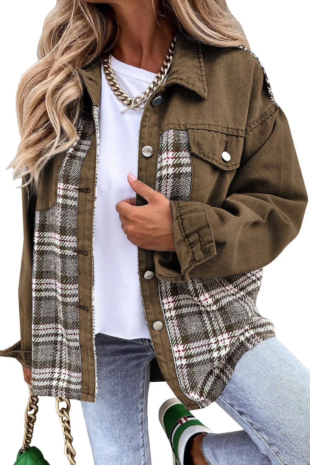 Brown Plaid Patchwork Pockets Denim Jacket - Chic Meadow Boutique 