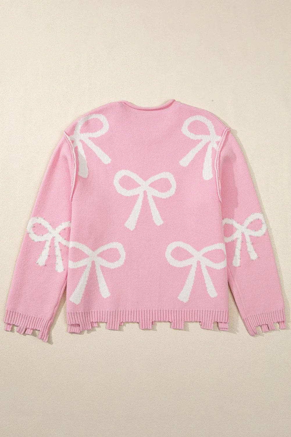 Sweaters & Cardigans/Sweaters Pink Pearl Beaded Bowknot Pattern Distressed Split Hem Sweater