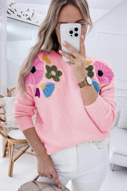 Sweaters & Cardigans/Sweaters Pink Knitted Flower Pattern Ribbed Edge Sweater