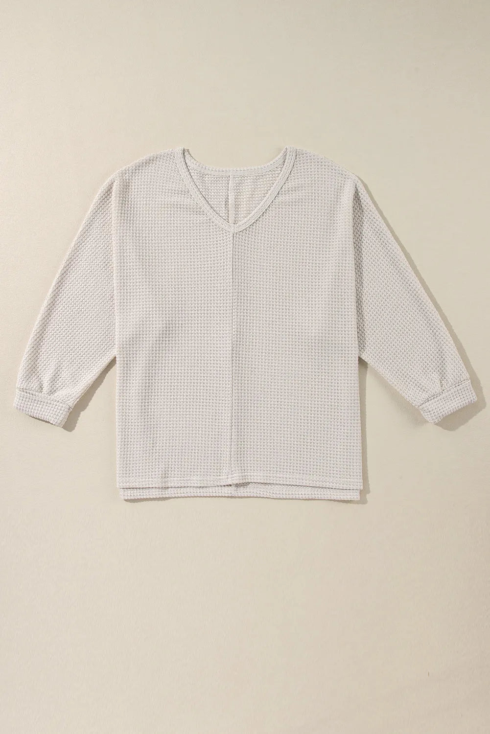 White Waffle Knit Side Slits Loose Fit V Neck Top - Chic Meadow Boutique 