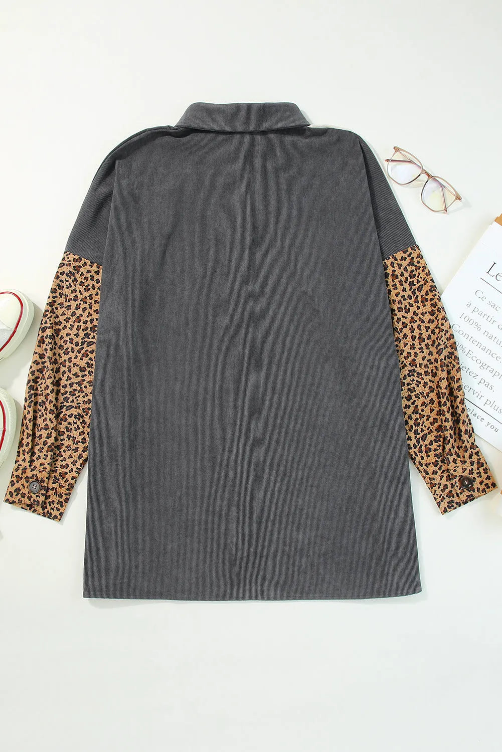 Gray Color Block Leopard Patched Corduroy Shacket - Chic Meadow Boutique 