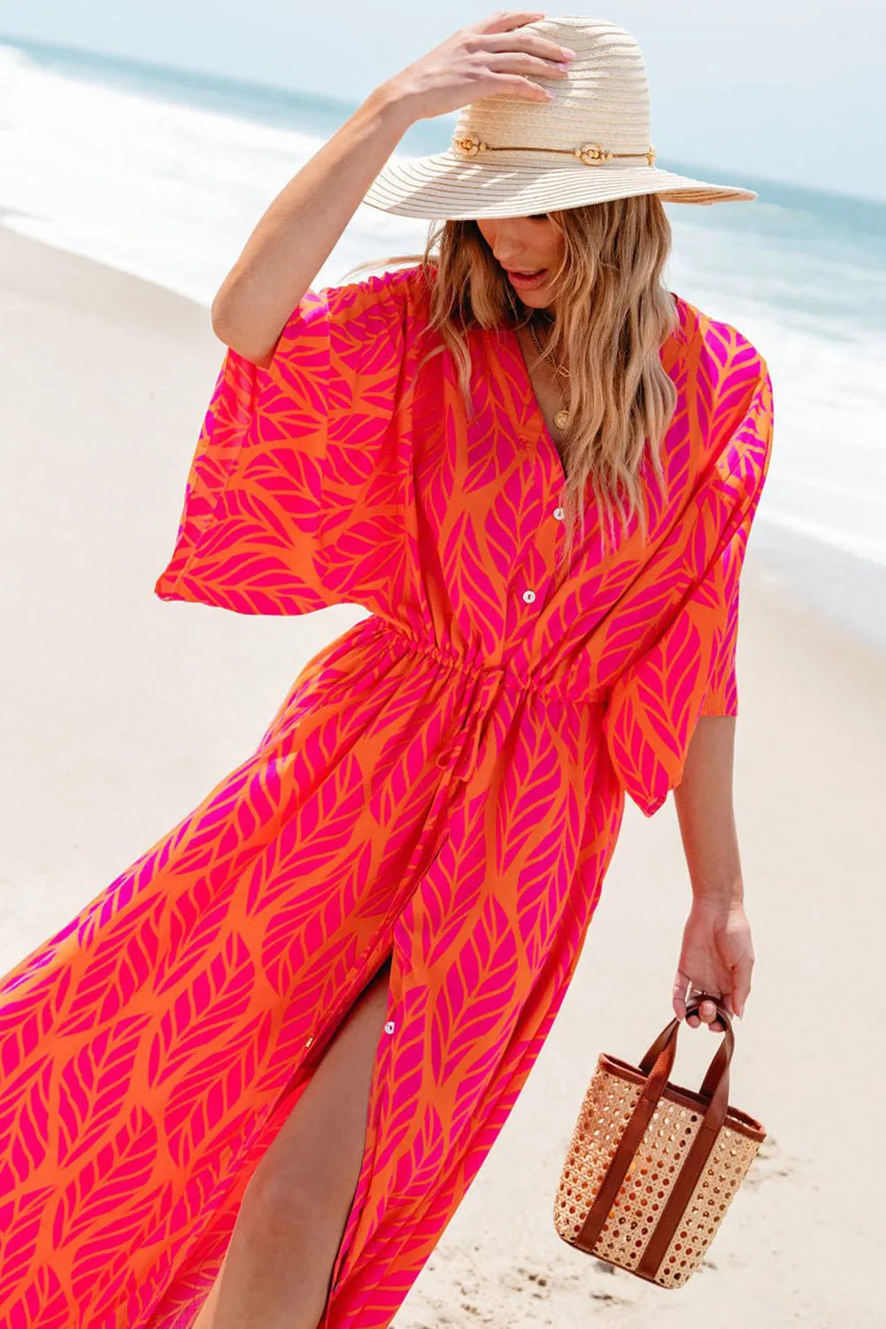 Orange Leafy Print 3/4 Sleeve V Neck Buttoned Split Maxi Dress - Chic Meadow Boutique 