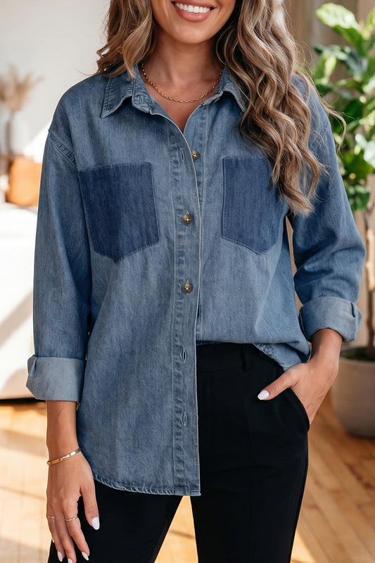 Sky Blue Color Block Pocket Detail Casual Button Down Denim Shirt