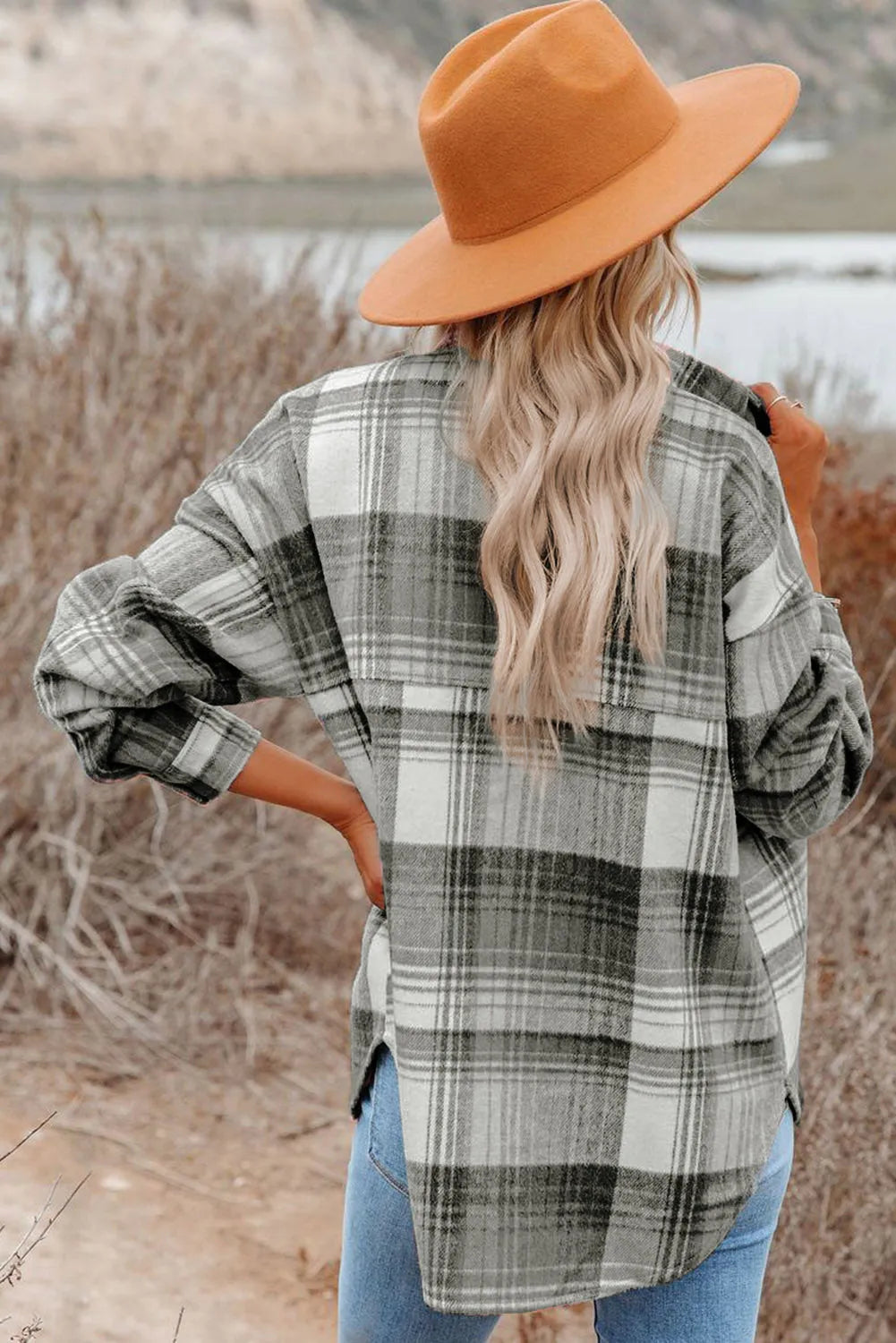 Medium Grey Plaid Flap Pockets Shacket - Chic Meadow Boutique 