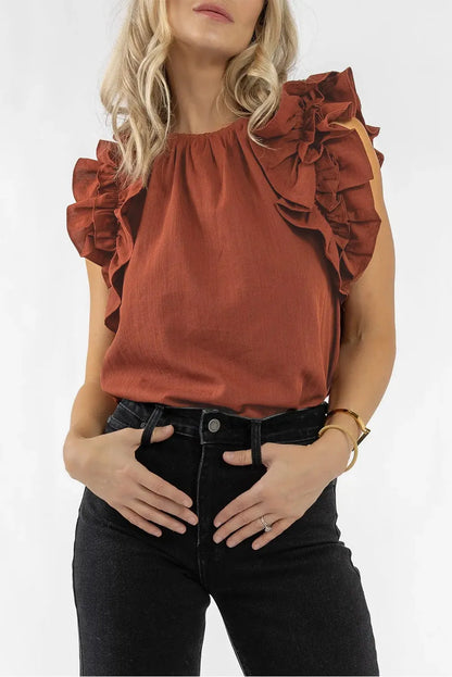 Red Sandalwood Ruffle Trim Sleeveless Blouse - Chic Meadow Boutique 